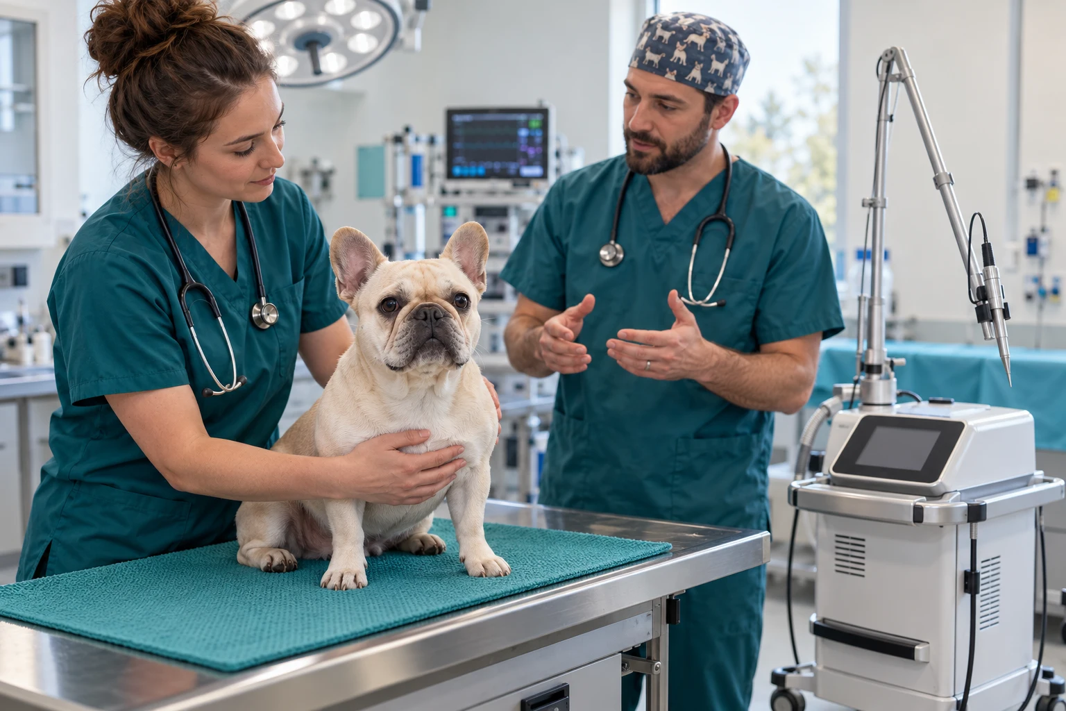 AI illustration of a French bulldog during a preoperative BOAS assessment, with inactive surgical laser equipment