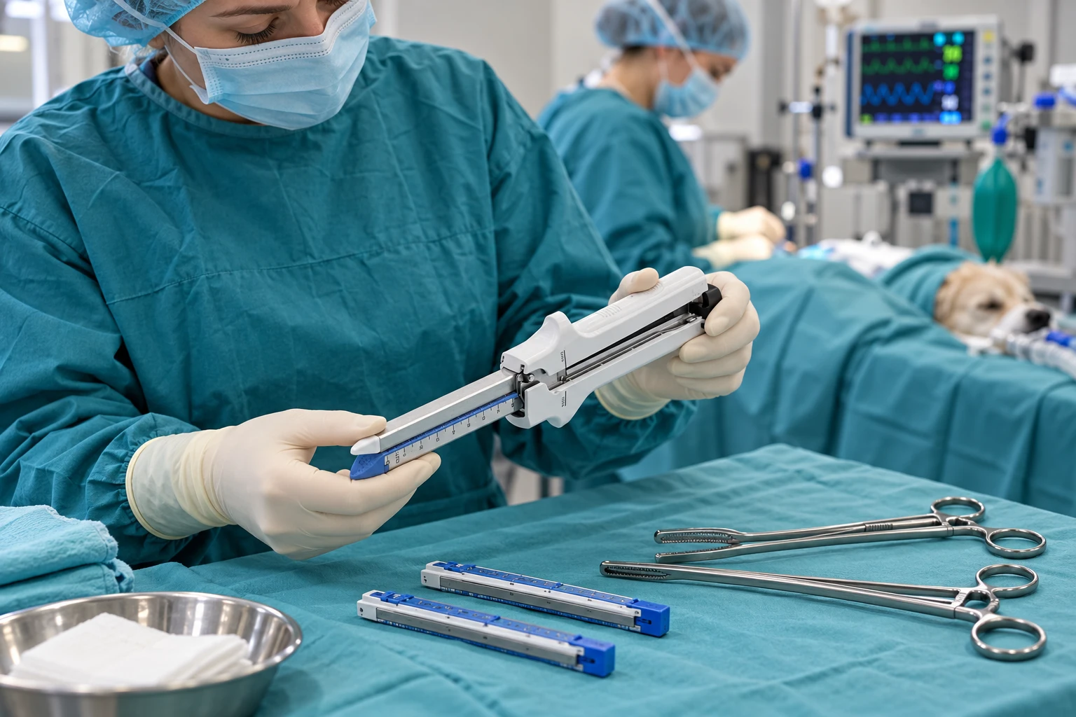 AI illustration of an open linear stapler being prepared for intestinal anastomosis in a veterinary operating room