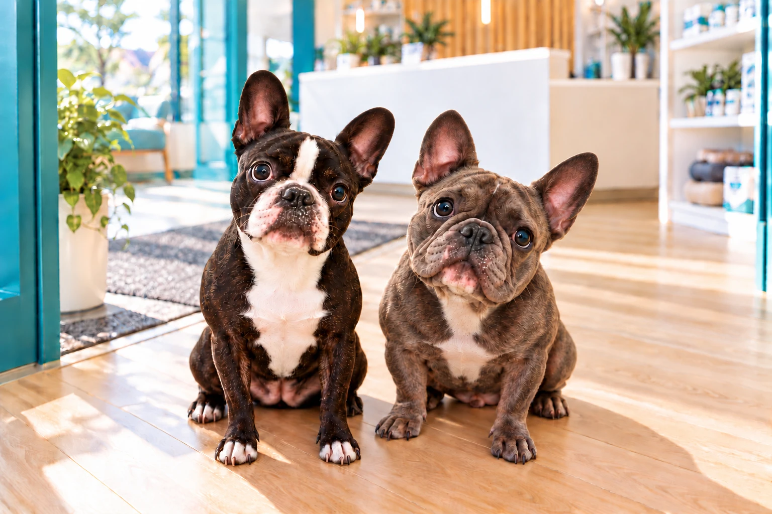 AI illustration of Lloyd, the grey-brindle French bulldog, and Milly, the black-and-white Boston terrier, at a welcoming clinic entrance